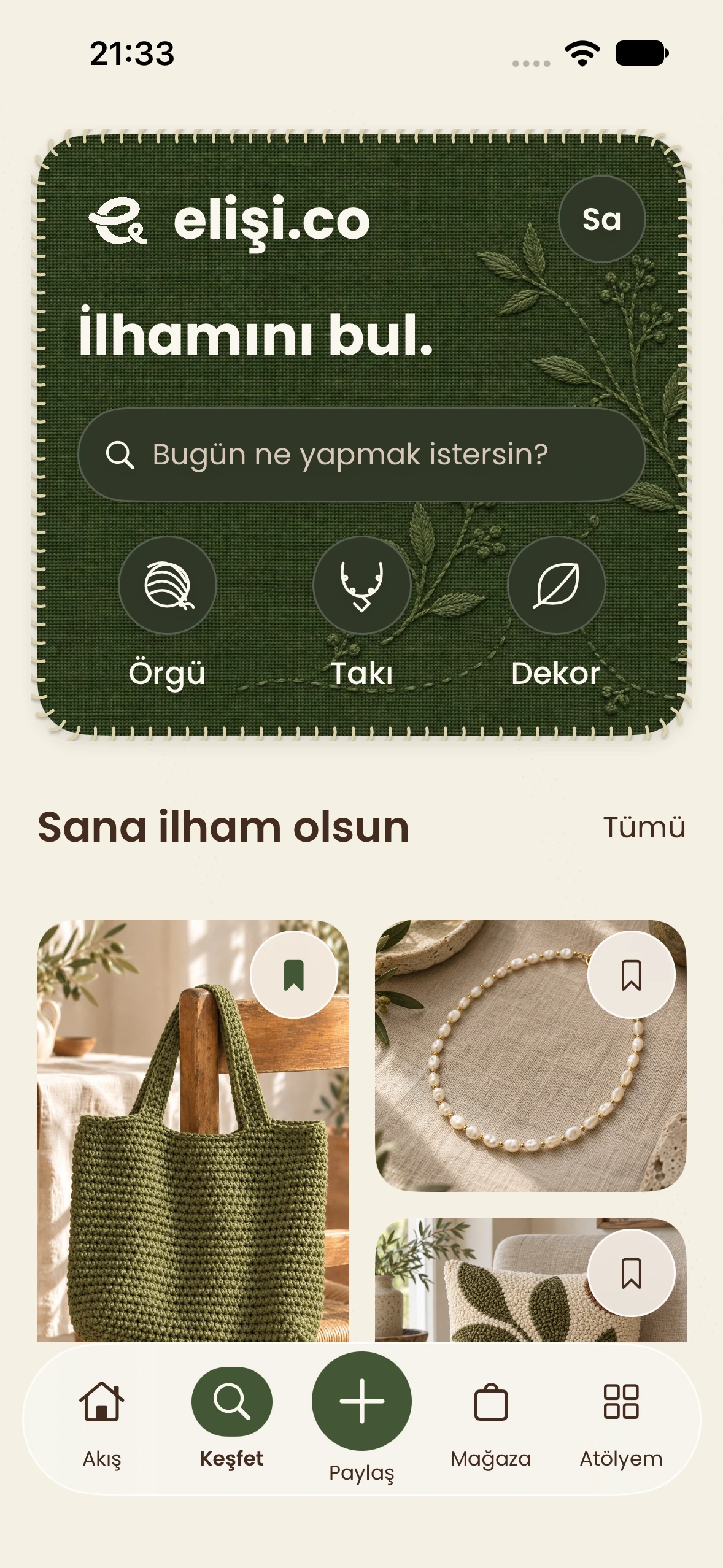 elişi.co Keşfet ekranında el işi kategorileri ve kaydedilebilen çalışmalar