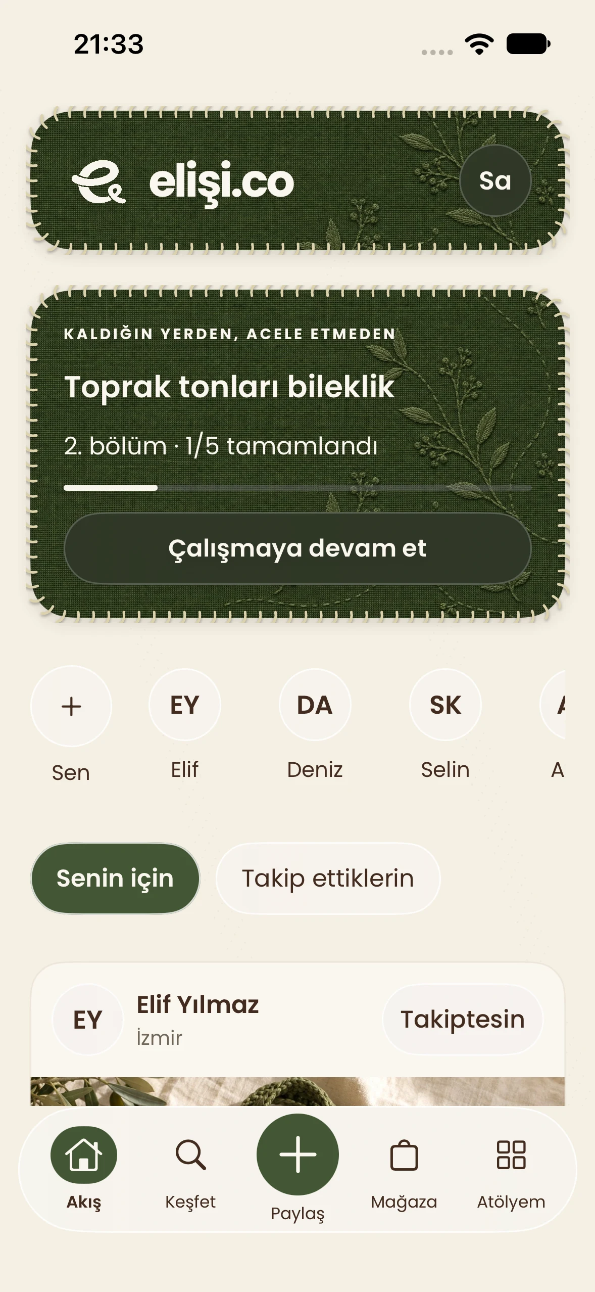 elişi.co Akış ekranı: devam eden atölye çalışması, takip edilen üreticiler ve el emeği paylaşımları