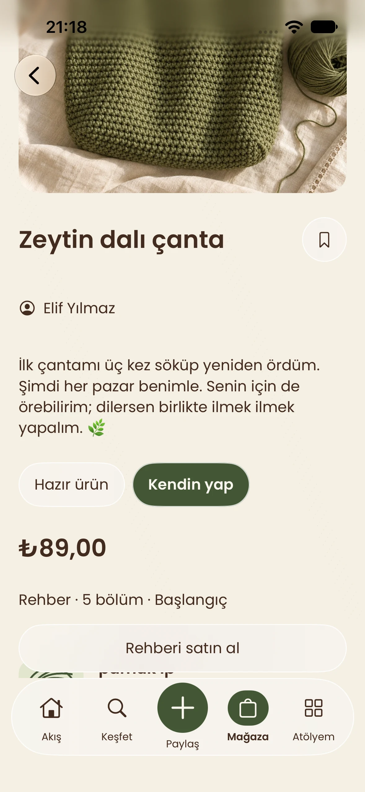 elişi.co yapım rehberi detay ekranı: Zeytin dalı çanta, üretici profili ve beş bölümlük başlangıç rehberi