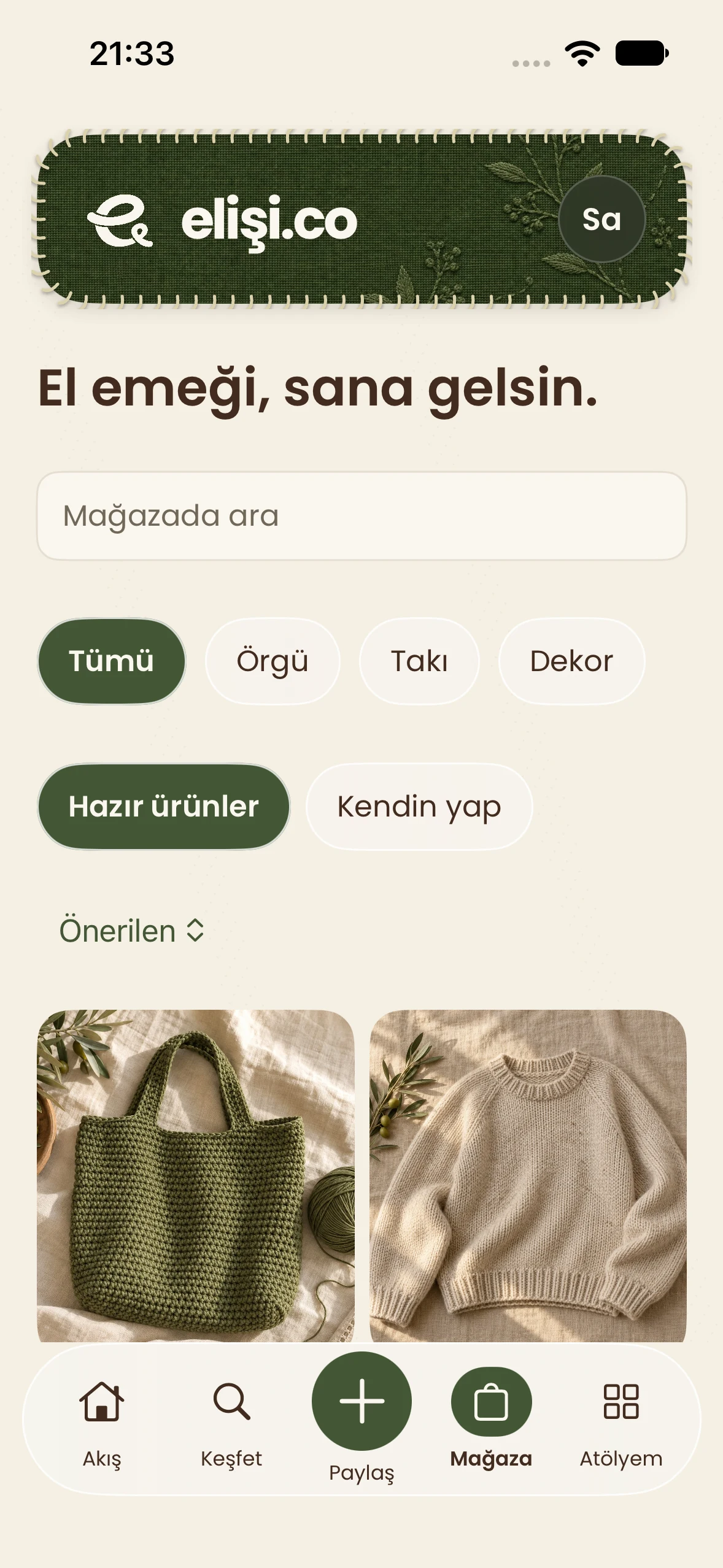 elişi.co Mağaza ekranı: örgü, takı ve dekor kategorileri, hazır ürünler ve kendin yap rehberleri