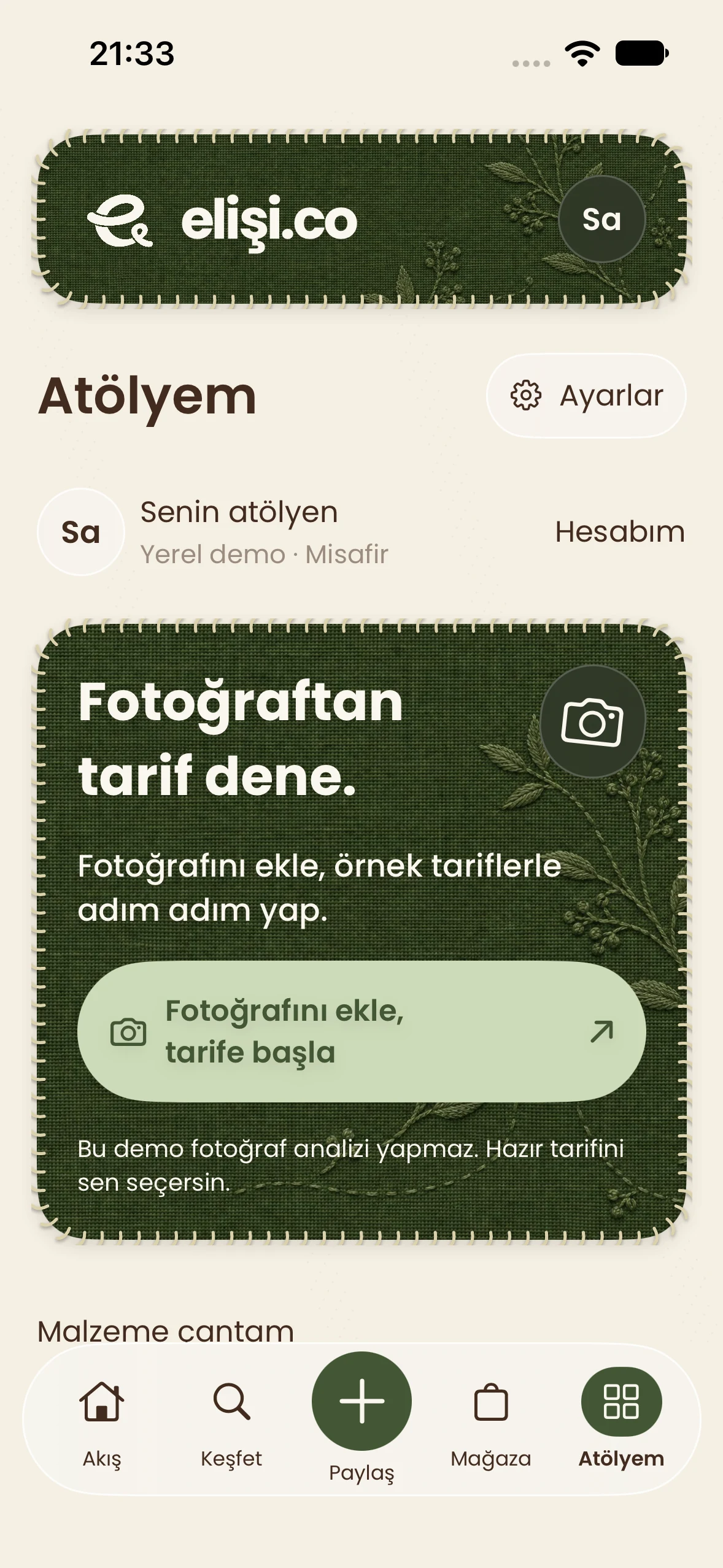 elişi.co Atölyem ekranında örnek tarifler ve malzeme çantası