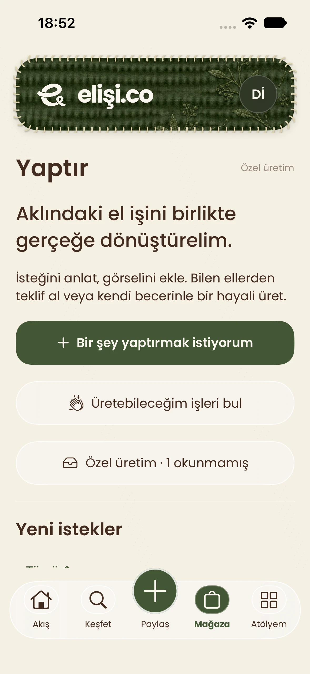 elişi.co iPhone uygulamasında Yaptır: özel üretim isteği açma ve üretilebilecek işleri bulma ekranı