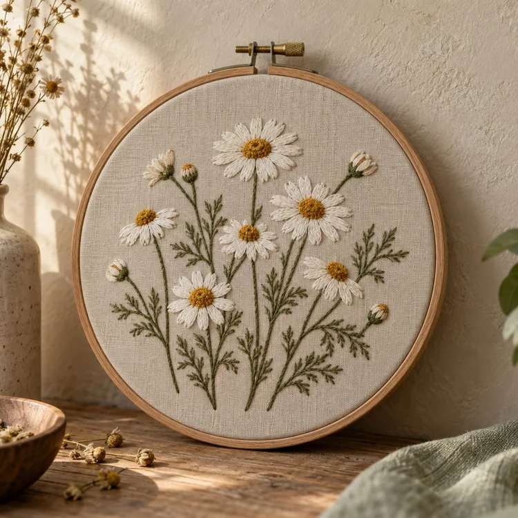 Ahşap kasnakta papatya desenli nakış örneği